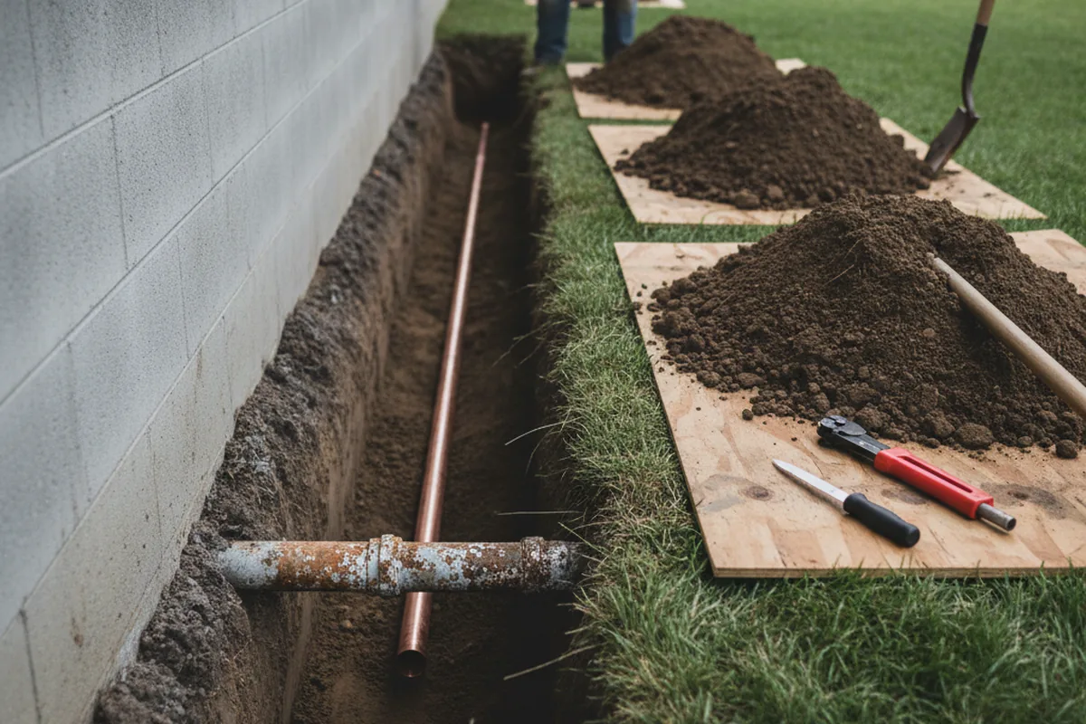 Excavated water line trench during Water Heater Repair in Hubert